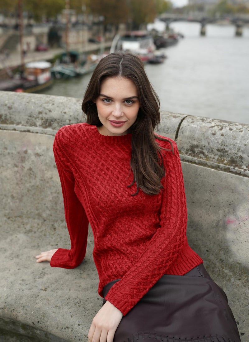 v28 Women Crew Neck Korea Knit Stretchable Elasticity Long Sleeve Sweater Jumper (S, Red) - Image 3